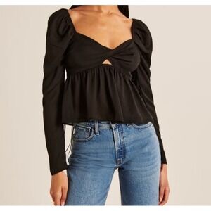 Ambercombie & Fitch  Black Long Sleeve Sheer‎ Twist-front Top Size Small